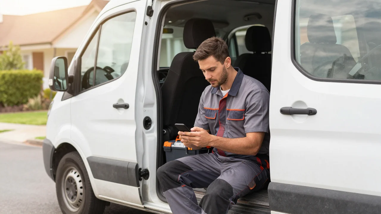 A plumber sitting in his work van reading an email on his phone between jobs
