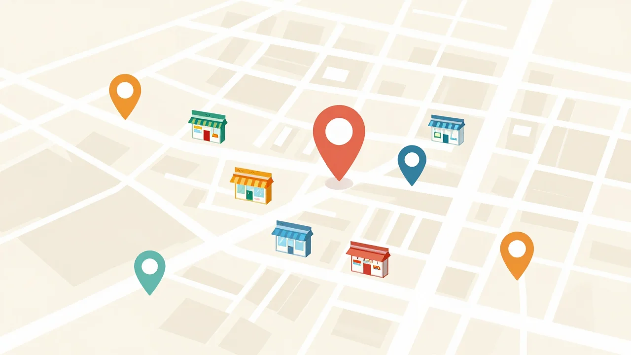 Illustrated city map with location pins on local shops, one pin highlighted