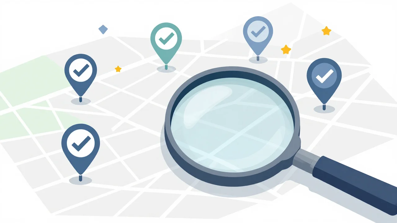 Illustration of a magnifying glass over map pins, some with verified checkmark badges and star ratings, showing how to spot prospects