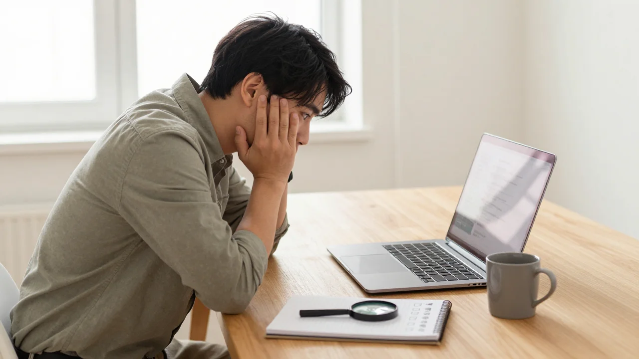 Business owner at a desk carefully reviewing a vendor on a laptop with a notepad and magnifying glass nearby
